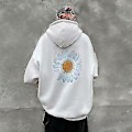 Miniatyrbillede 1 af 5: Daisy Print hættetrøje - Casual løs pasform tunika, langærmet mode pullover til kvinder M hvid