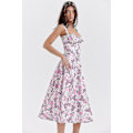 Miniatyrbillede 2 af 5: Floral Print Ærmeløs Ruched Buste Split Lår Boho Midi Kjole - Gratis Forsendelse L Hvid Rød