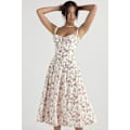 Miniatyrbillede 2 af 5: Floral Print Split Thigh Boho Midi Kjole - Kvinders Ærmeløs Ruched Buste Sommerkjole (Gratis Forsendelse) M Hvid og Rød Blomst