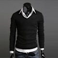 Miniatyrbillede 5 af 5: Klassisk strikket V-hals sweater til mænd - Langærmet pullover L Sort