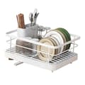 Elegant Kitchen Dish Drying Rack with Cutlery Storage, Carbon Steel Drying Rack with Removable Drain Base, White White