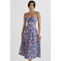 Miniatyrbillede 2 af 5: Floral Print Ærmeløs Ruched Bryst Split Lår Boho Midi Kjole M Marineblå og Hvid