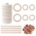 Miniatyrbilde 1 av 8: Håndverk DIY Plantehengere 109 Yards 3mm Naturlig Makrame Snøre med 60 stk Tretreperler 6stk Tretre Ring og 4stk Tretre Pinne