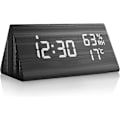 Miniatyrbild 1 av 5: Svart digital väckarklocka i trä med snooze, datum, temperatur och luftfuktighet