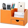 Miniatyrbilde 2 av 4: Tre Struction Lær Multifunksjonell Skrivebord Skrivesaker Organizer Oppbevaringsboks Penn/Blyant, Mobiltelefon, Visittkort Fjernkontrollholder med Sm