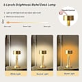 Miniatyrbilde 3 av 5: Bærbar LED Bordlampe, 3 Lysstyrkenivåer Metall Skrivebordslampe, 3 Farge Berøringskontroll Oppladbar Lampe, Nattlys, Sengelampe (Gull)_SZXM