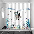 Miniatyrbillede 1 af 5: Sødt Kat Dykning Bruseforhæng 180x180cm Ocean Dyreprint Badeforhæng Vandtæt Vaskbart Polyester Badeværelsestilbehør med 12 Kroge, Blå