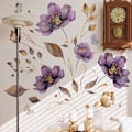 Miniatyrbilde 2 av 5: Gullblad lilla blomster veggklistremerke, hjemmedekorasjon