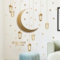Pikkukuva 1 / 5: Ramadan-tarrat seinäkoristeluun, seinätaidekoristelu, kuu, tähdet, kirjaimet, itseliimautuvat tarrat, kultakoriste, seinätarrat