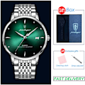 Miniatyrbilde 1 av 6: POEDAGAR Ultratynn Herre Quartz Armbåndsur Vanntett Luksusmerke Lysende Klokke Mann Rustfritt Stål Casual Gave-FS1- green and box