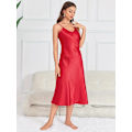 Miniatyrbilde 5 av 5: Solid Satin Slip Nattlinne, Elegant V-hals Ryggløs Spaghetti Stropp Nattkjole, Dame Nattøy & Kjoler Red-FS1- Red L