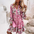 Miniatyrbilde 6 av 7: Kvinner Sommer Langermet Kjoler Blomstertrykk Strand Minikjole Pink-FS2- Pink 3XL