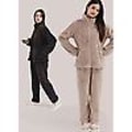 Miniatyrbilde 3 av 4: Kvinners fluffy pyjamas sett kvarts glidelås fleece 2 deler Sherpa genser bukse sett fuzzy sovetøy, lysebrun L (130 catties - 150 catties)