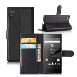 Sony Xperia XA1 Litsi Pintainen Nahkakotelo Standillä - Musta Black