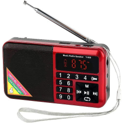 Mini bærbar FM-radio Usb Micro-sd og indbygget mp3-afspiller, led lommelygte, 1500 mah genopladelig (rød)