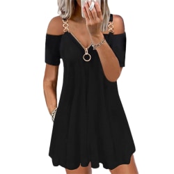 Kvinnor Solklänningar Sommar Casual Zip Up V-ringad T-shirt klänning black 4XL