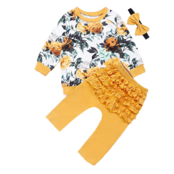 3st Spädbarn Baby Flickor Blommönster Print Byxor Pannband Outfits Yellow 90cm