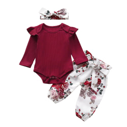 Nyfödda flickor Romper Baby Blommiga byxor Pannband Outfit Set Floral 0-3M