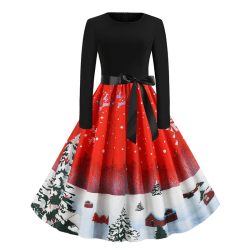 Kvinnors julfest Långärmat bälte Vintage A-line klänning red