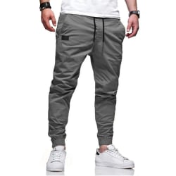 Men's Solid Color Drawstring Elastic Waist Cargo Pants Grey 2XL
