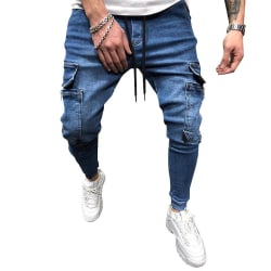 Mens Plain Drawstring Jeans With Zip Pockets Skinny Trousers Blue L