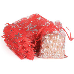 100 st Snowflake Organza presentpåsar - 7x9 CM julklappspåsar - Röda små bröllopssmyckepåsar - Perfekt för jul, adventskalender