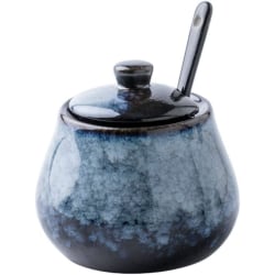 Antik keramisk sockerskål saltskål med lock och sked 8 oz kryddor (gråblå) kryddburk