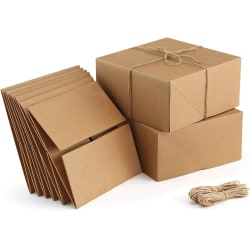 Premium presentförpackningar 10-pack 8 x 8 x 4 presentförpackningar av brunt papper med 20 meter hamparep för julklappar