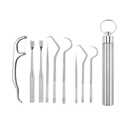 9 st återanvändbara metalltandpetare för tänder, bärbara tandpetare i rostfritt stål Set med hållardispenser, tand C