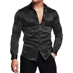 Långärmade klänningskjortor i sidensatin för män Glänsande Casual Button Down-skjorta Black L