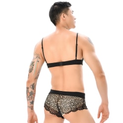 Män Sexiga Underkläder Spets Mesh Boxershorts Bow Crossdress Linge Black XL