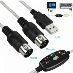 USB IN-OUT MIDI Cable Converter PC to Music Keyboard Adapter Co Black One Size