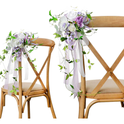 2st lila bröllopsstol ryggblommor Rustik bröllopsgång stol dekorationer med rosett konstgjord pion blommor för bröllopsfest dekoration