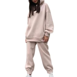 Huvtröja i fleece för kvinnor Hooded sweatshirt Byxor Casual outfit Sportsuit träningsoverall Set Apricot XL