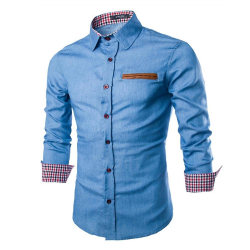 Män Buttons Up jeansskjorta Casual Business Långärmad Lapel Neck T-shirt Toppar Light Blue 2XL