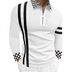 Randigt print för män Pikétröja med V-ringad dragkedja Casual Slim Fit Långärmad Snygga T-shirt toppar White 3XL