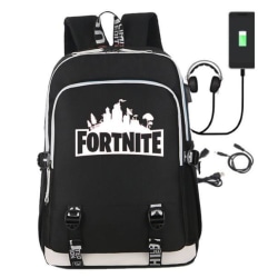 Fortnite-reppu - vedenpitävä koululaukku USB- ja kuulokeliitännällä Black