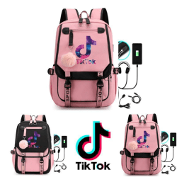 TIK-TOK Ryggsäck - vattentät skolväska med USB och Hörlursuttag Pink Rosa