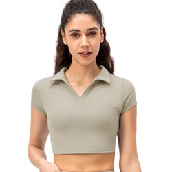 Dam pikétröjor med v-ringad stickad hög midja kortärmade T-shirts - grön