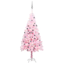 Plastgran med LED och julgranskulor rosa 120 cm PVC