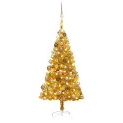Plastgran med LED och julgranskulor guld 150 cm PET