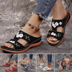 Läder blomma broderade vintage Casual mjuk fotbädd Ortopediska bågstöd sandaler
