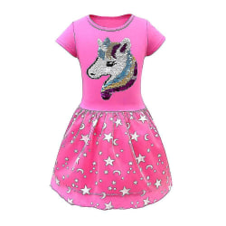 Barn paljetter Unicorn Princess Dress Kortärmade A-line klänningar för 2-7 åriga tjejer Rose Red