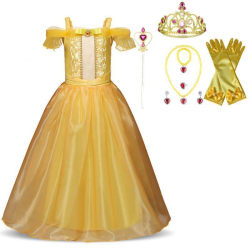 Princess Belle klänning Skönheten & odjuret  + 7 extra tillbehör Yellow 140  cm