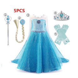 Elsa princess klänning + handskar/trollstav/krona/fläta LightBlue 130  cm