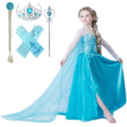 Elsa prinsessa klänning +4 extra tillbehör LightBlue 110  cm
