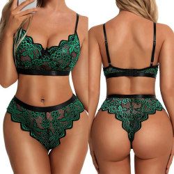 Kvinnor Sexiga Spets Underkläder Set Underkläder + BH Sovkläder Green 2XL