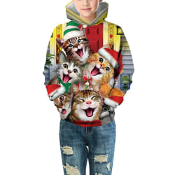 Christmas Cat Print Kids Lös Hood Sweater Casual Pullover yellow S