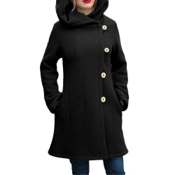 Kvinnor Vinter Varm kappa Knapp Hooded Overcoat Ytterkläder Toppar Black M
