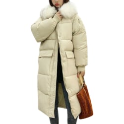 Kvinnor Plain Loose Button Fur Hooded Puffer Long Pocket Overcoat Beige L